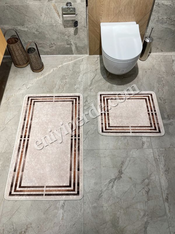 (bej) Bej Renk Çizgi Desenli 2 li  Deri Taban  Banyo Paspas (60x100 - 60x50) Fiyatları, Özellikleri ve Yorumları - 4