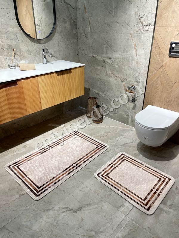 (bej) Bej Renk Çizgi Desenli 2 li  Deri Taban  Banyo Paspas (60x100 - 60x50) Fiyatları, Özellikleri ve Yorumları - 5
