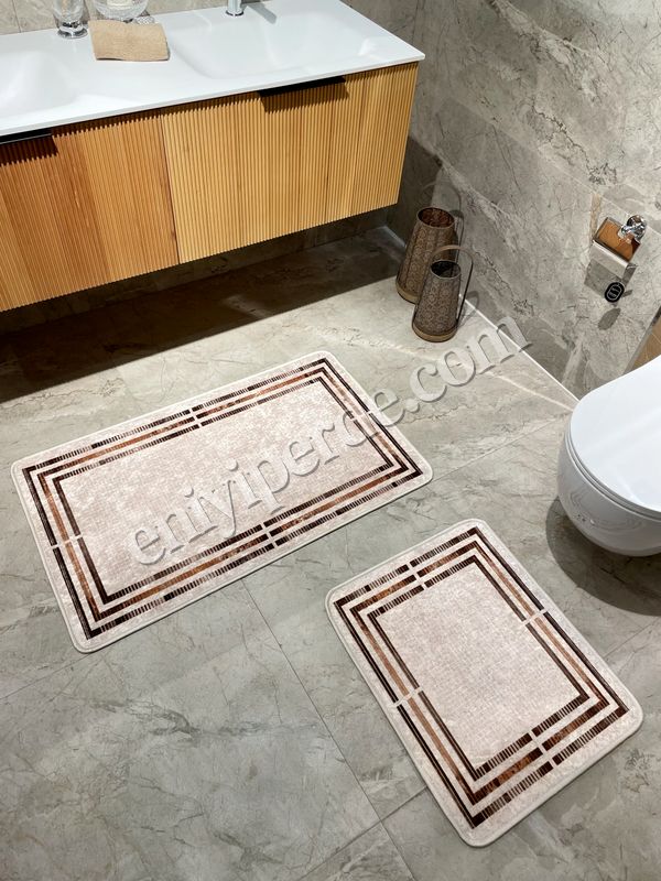 (bej) Bej Renk Çizgi Desenli 2 li  Deri Taban  Banyo Paspas (60x100 - 60x50) Fiyatları, Özellikleri ve Yorumları - 6