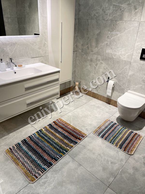 (mavi) Zigzag Desenli 2 li Deri Taban Banyo Paspas (60x100 - 60x50) Fiyatları, Özellikleri ve Yorumları - 4