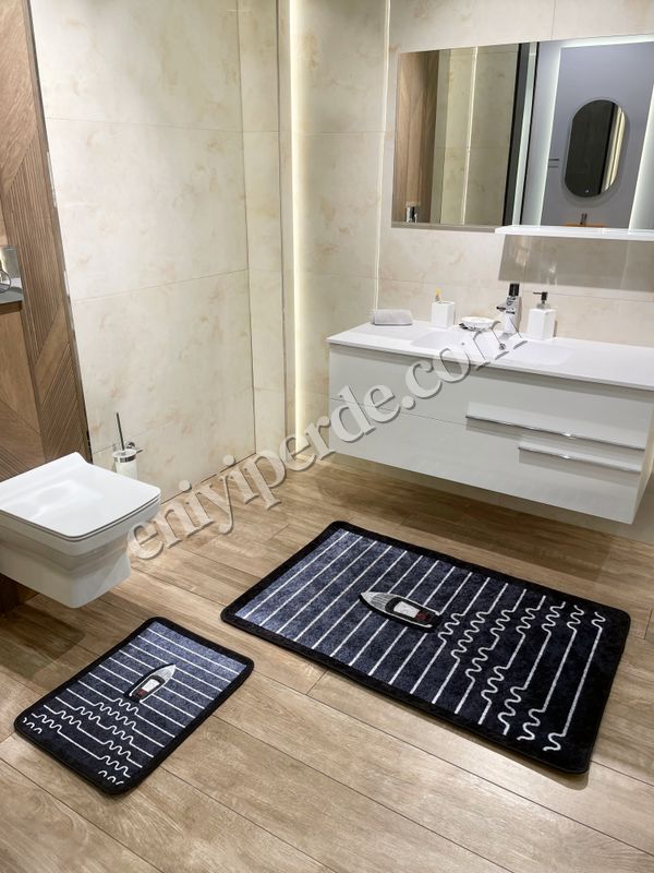 (lacivert) Tekne Desen Çizgi Desenli 2 li Deri Taban Banyo Paspas (70x110 - 70x50) Fiyatları, Özellikleri ve Yorumları - 2