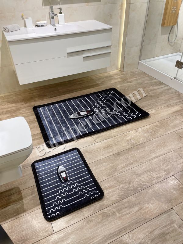 (lacivert) Tekne Desen Çizgi Desenli 2 li Deri Taban Banyo Paspas (70x110 - 70x50) Fiyatları, Özellikleri ve Yorumları - 3
