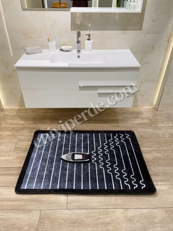 (lacivert) Tekne Desen Çizgi Desenli 2 li Deri Taban Banyo Paspas (70x110 - 70x50) Fiyatları, Özellikleri ve Yorumları - 4