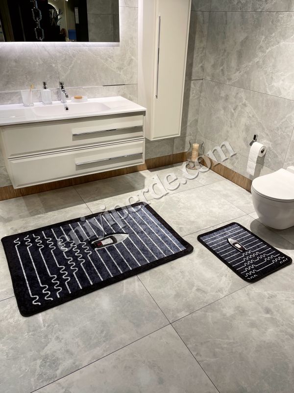(lacivert) Tekne Desen Çizgi Desenli 2 li Deri Taban Banyo Paspas (70x110 - 70x50) Fiyatları, Özellikleri ve Yorumları - 5