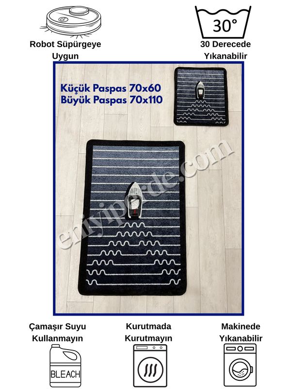 (lacivert) Tekne Desen Çizgi Desenli 2 li Deri Taban Banyo Paspas (70x110 - 70x50) Fiyatları, Özellikleri ve Yorumları - 7