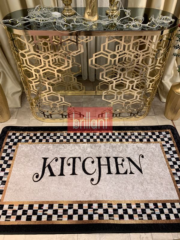 (siyah) Kitchen Motifli Damalı Lateks Deri Tabanlı Leke Tutmaz Mutfak Halısı - 5
