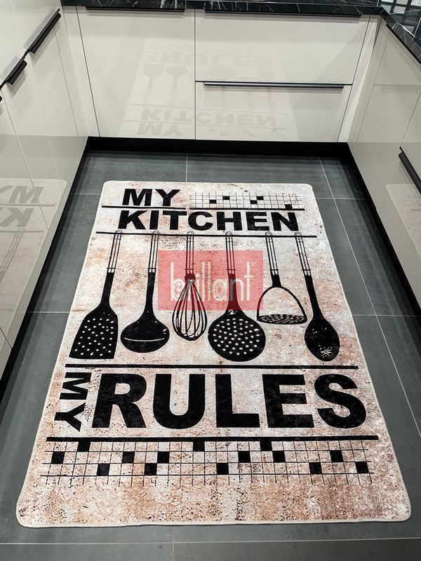 (kahverengi) My Kitchen My Rules Sloganlı Lateks Taban Leke Tutmaz Mutfak Halısı Kahverengi - 3