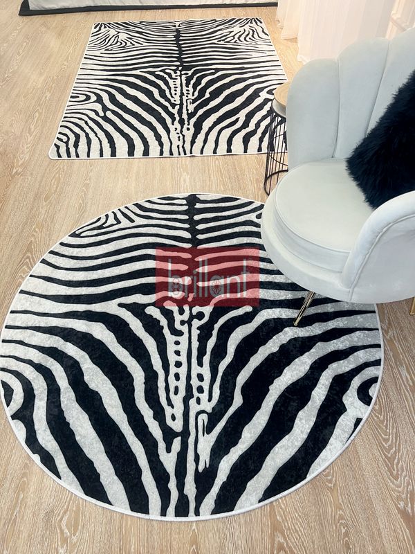 (acik-gri) Zebra Desenli Yuvarlak Siyah - Gri Dekoratif Halı - 3