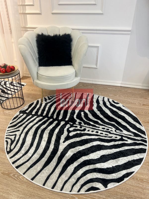 (acik-gri) Zebra Desenli Yuvarlak Siyah - Gri Dekoratif Halı - 4