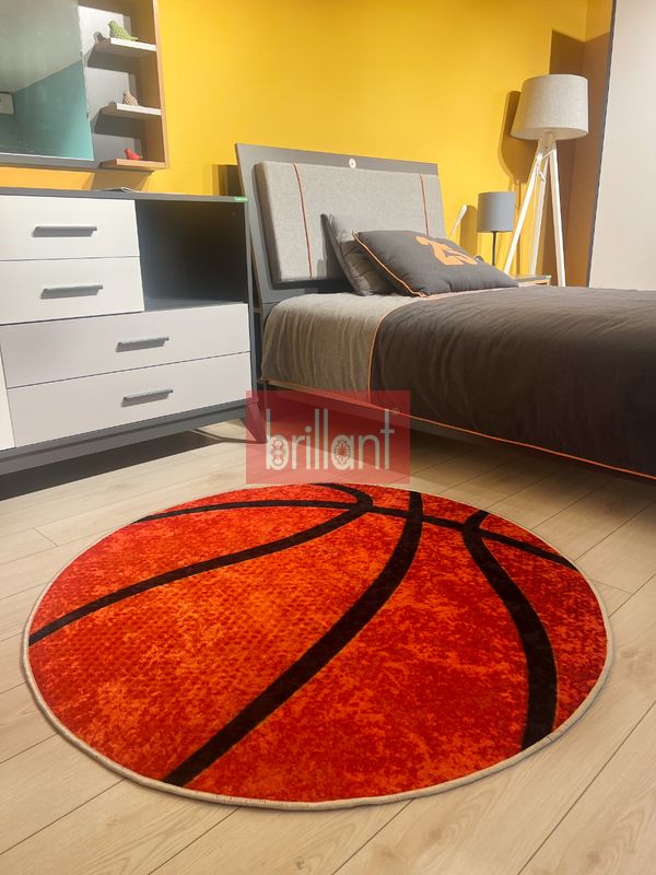 (turuncu) Basketbol Topu Desenli Yıkanabilir Yuvarlak Çocuk Genç Halısı - TURUNCU - 1