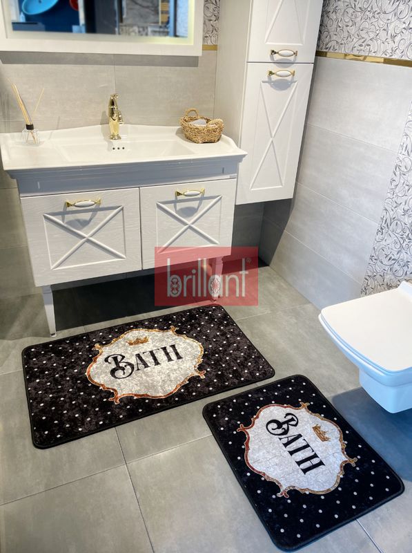 (siyah) 2&#039;li Bath Sloganlı Puantiyeli Banyo Paspası (Ebat 60X100 - 60X50) - 1