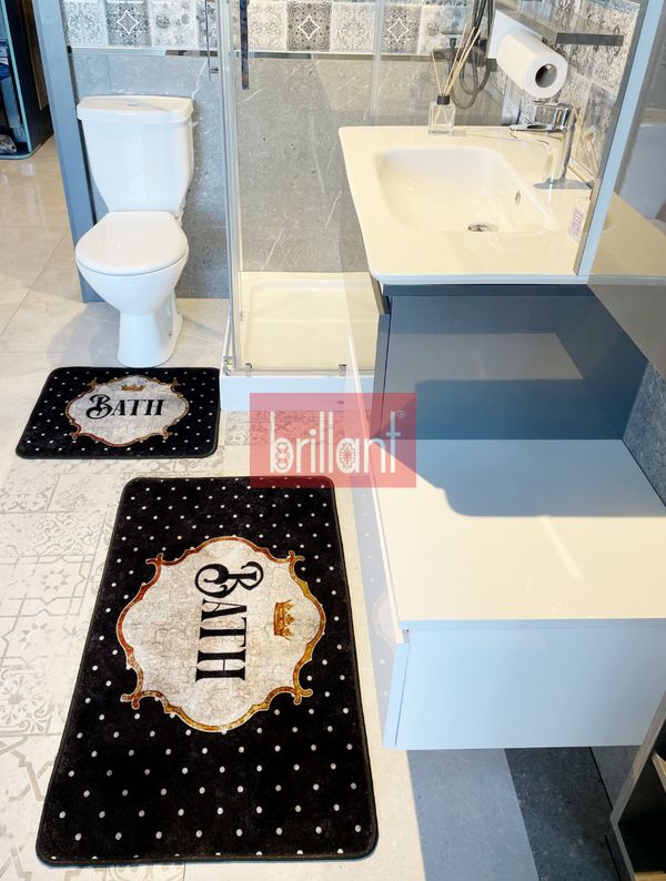 (siyah) 2&#039;li Bath Sloganlı Puantiyeli Banyo Paspası (Ebat 60X100 - 60X50) - 3