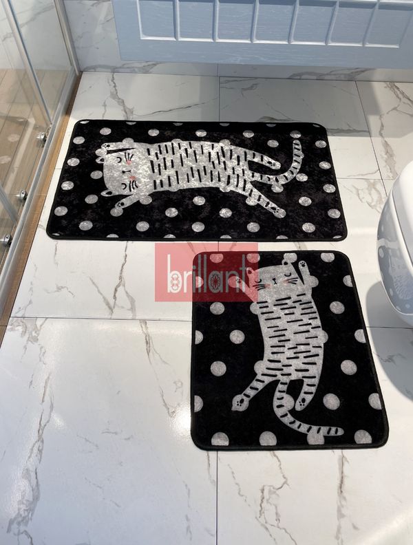 (siyah) 2&#039;li Cat Kedi Desenli Puantiyeli Banyo Paspası (Ebat 60X100 - 60X50) - 2