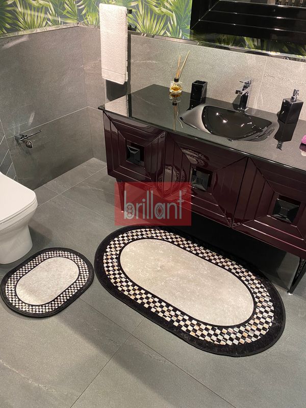 (gri) Dama Desenli 2&#039;li Lateks Taban Banyo Paspas Takımı GRİ (70X110 - 70X50) - 1