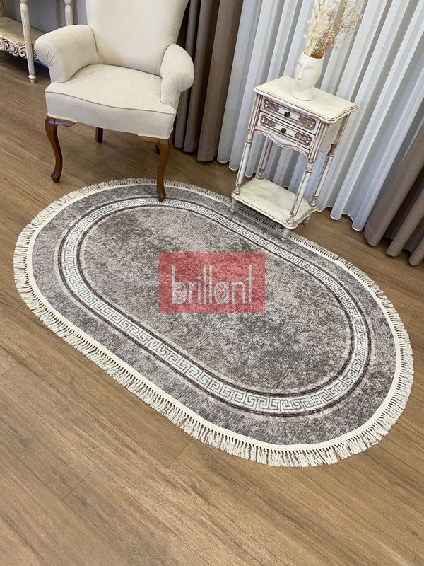 (vizon-oval) Kahve Vizon Oval Bordürlü Lateks Taban Saçaklı  Halı - 1