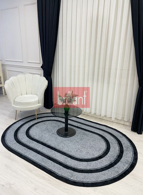 (siyah-oval) GRİ-SİYAH Hasır Jüt Sisal Bordürlü Görünümlü Oval  Dekoratif Halı - 1