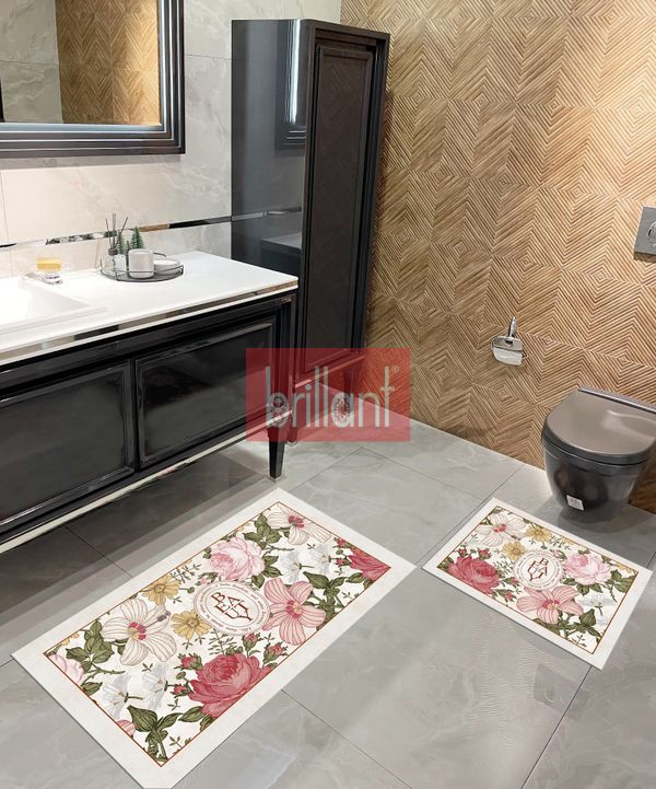 (bej) 2 li Çiçek Desenli 60x100 - 60x50 Beauty Lateks Taban Banyo Paspas - 1