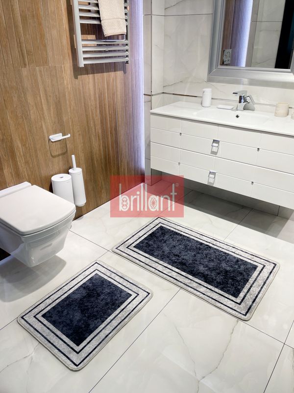 (lacivert) Çizgili Desenli 2&#039;li Lateks Deri Taban Banyo Paspas Takımı (60X100 - 60X50) Lacivert Gri - 2