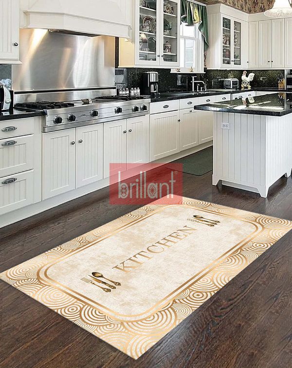 (bej) Bej Rengi Kitchen Yazılı Gold Detaylı Lateks Taban Halı - 1