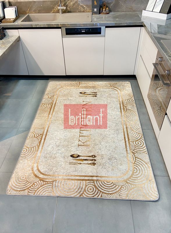 (bej) Bej Rengi Kitchen Yazılı Gold Detaylı Lateks Taban Halı - 2