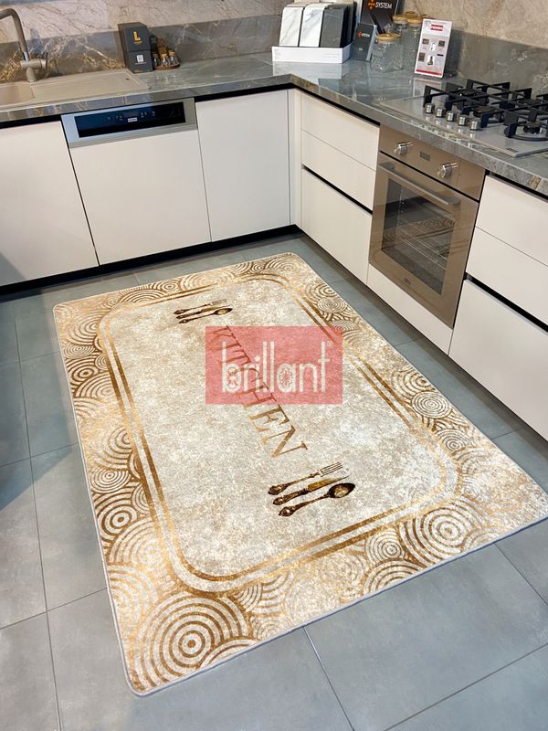 (bej) Bej Rengi Kitchen Yazılı Gold Detaylı Lateks Taban Halı - 3