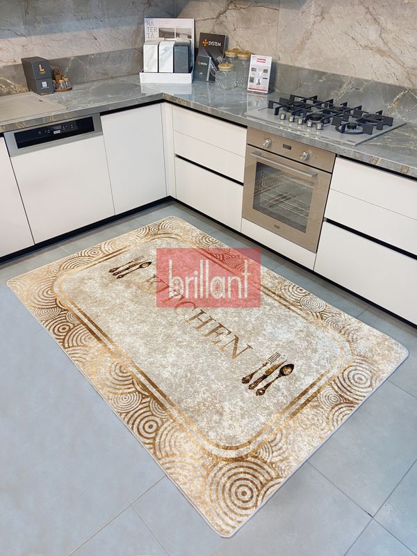 (bej) Bej Rengi Kitchen Yazılı Gold Detaylı Lateks Taban Halı - 4