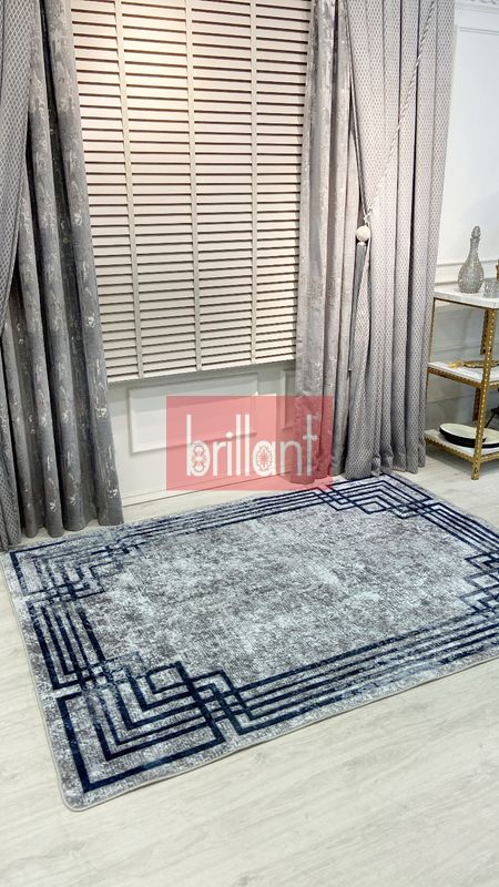 (gri) Gri - Lacivert Eskitme Görünümlü Lateks Kaymaz Taban Halı - 2