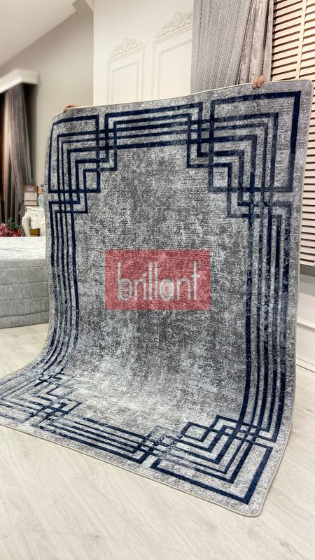 (gri) Gri - Lacivert Eskitme Görünümlü Lateks Kaymaz Taban Halı - 6