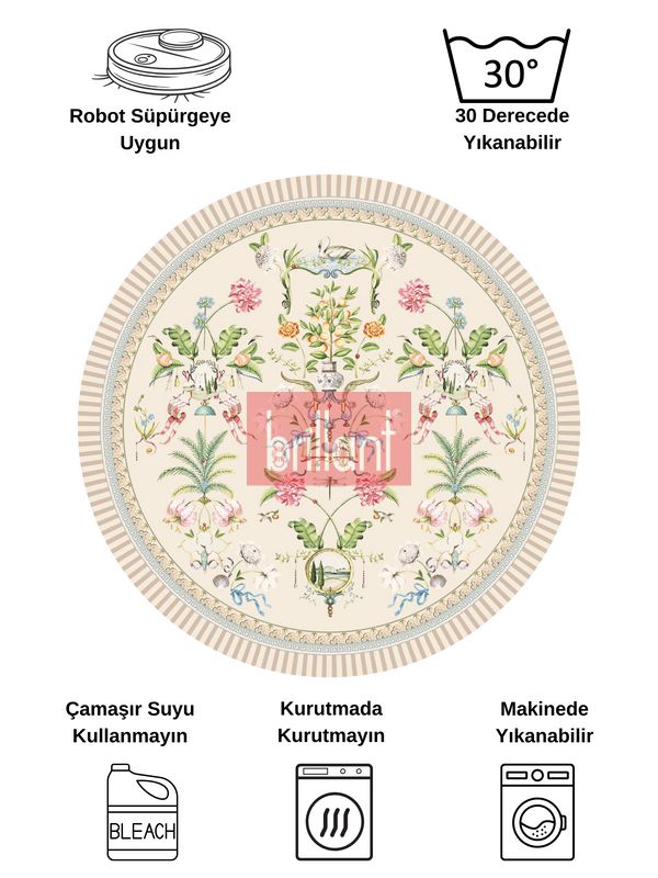 (bej) Bej Rengi Çiçekli Kuş Desenli Lateks Deri Taban Halı - 7