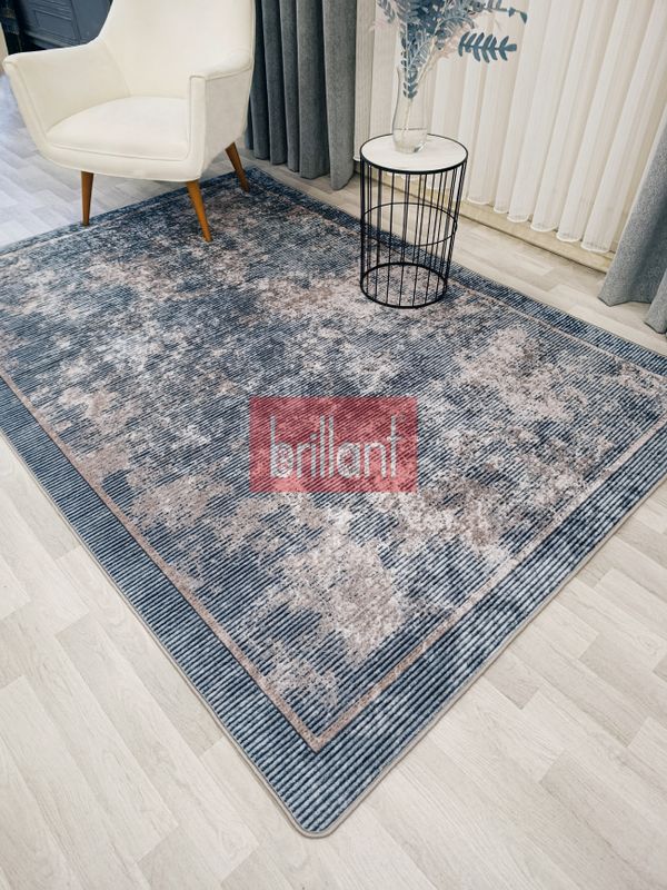 (mavi-gri) Gri Mavi Renk Geometrik Desen Kaymaz Taban Yolluk Halı - 1