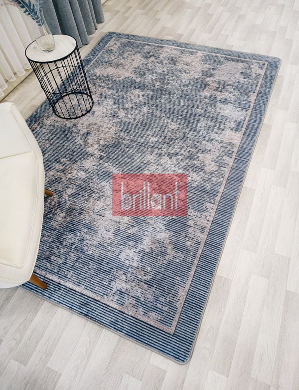 (mavi-gri) Gri Mavi Renk Geometrik Desen Kaymaz Taban Yolluk Halı - 3