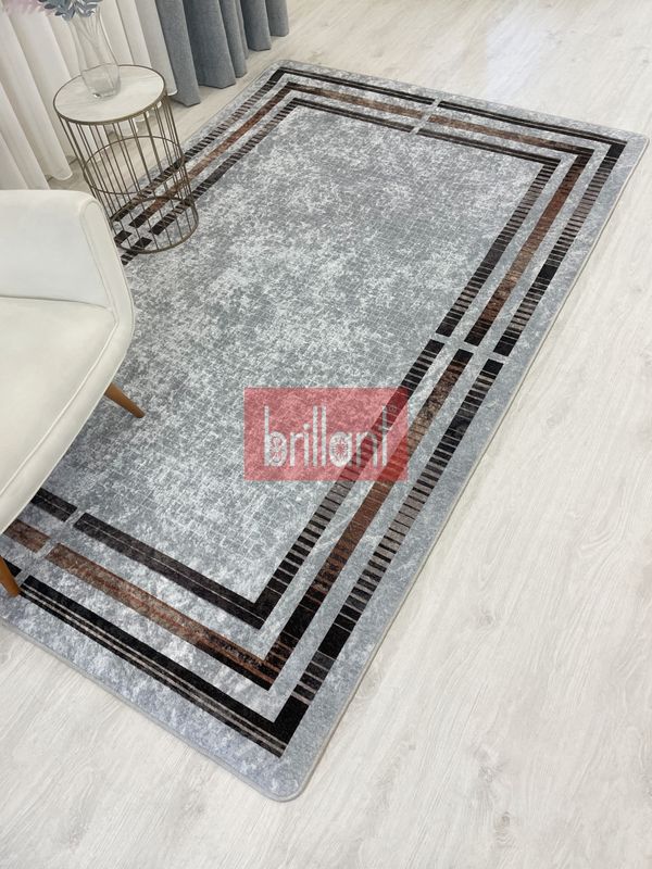 (gri) GRİ Renk Çizgi Desenli Kaymaz Taban Çerçeveli Halı - 1