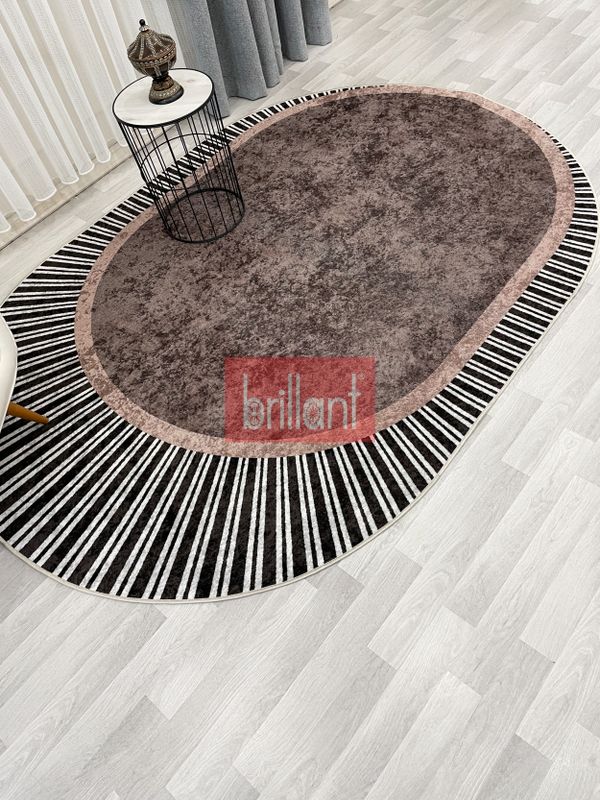 (kahverengi) KAHVERENGİ Renk Çizgili Oval Kaymaz Taban Halı - 1