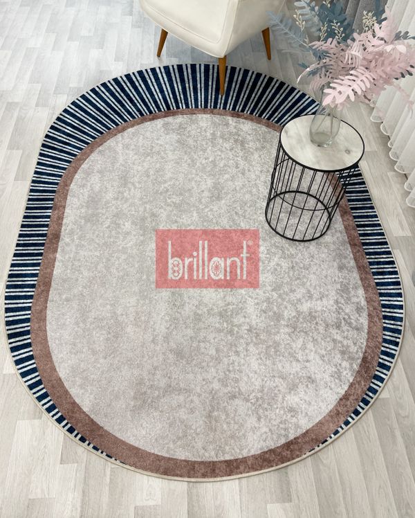(lacivert) LACİVERT Renk Çizgili Oval Kaymaz Taban Halı - 3