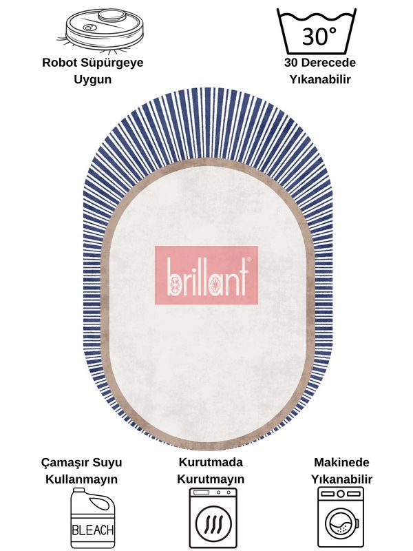 (lacivert) LACİVERT Renk Çizgili Oval Kaymaz Taban Halı - 7