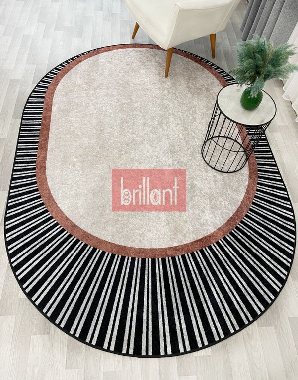 (bej) BEJ Renk Çizgili Oval Kaymaz Taban Halı - 2