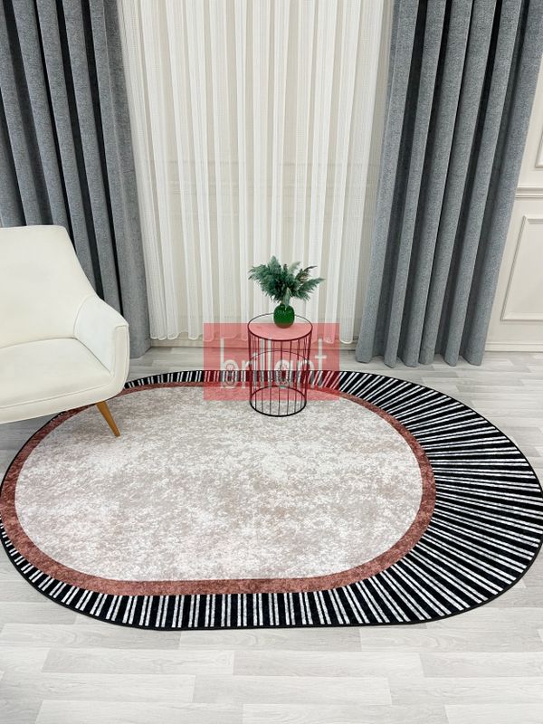 (bej) BEJ Renk Çizgili Oval Kaymaz Taban Halı - 3