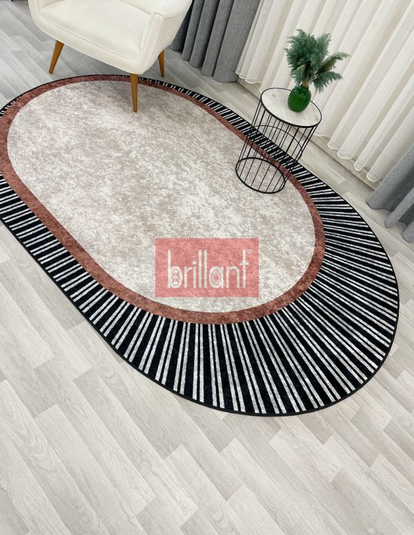 (bej) BEJ Renk Çizgili Oval Kaymaz Taban Halı - 4