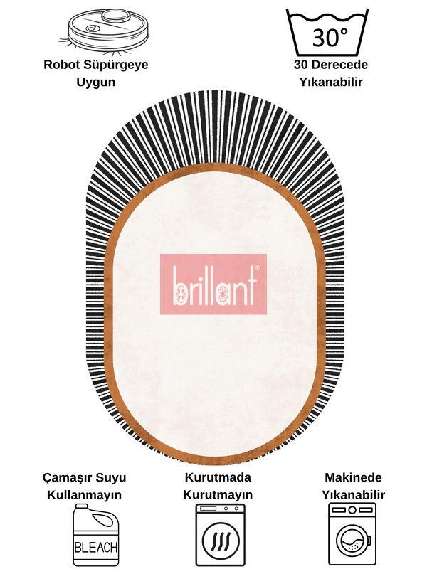 (bej) BEJ Renk Çizgili Oval Kaymaz Taban Halı - 7