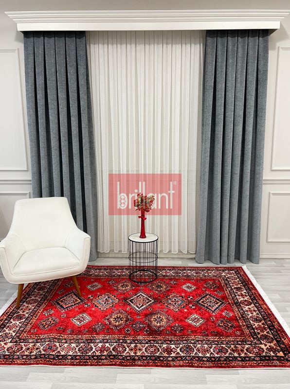(kirmizi) Kilim Motifli SAÇAKLI Klasik Kaymaz Taban Halı - 1