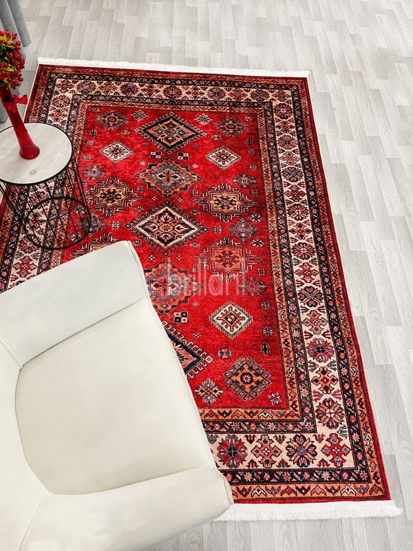 (kirmizi) Kilim Motifli SAÇAKLI Klasik Kaymaz Taban Halı - 3
