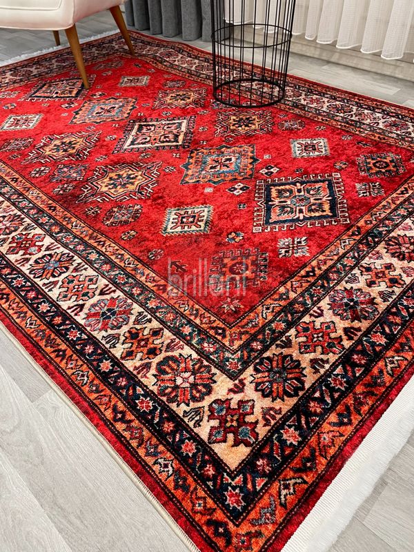 (kirmizi) Kilim Motifli SAÇAKLI Klasik Kaymaz Taban Halı - 4