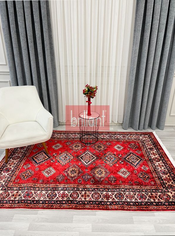 (kirmizi) Kilim Motifli SAÇAKLI Klasik Kaymaz Taban Halı - 5