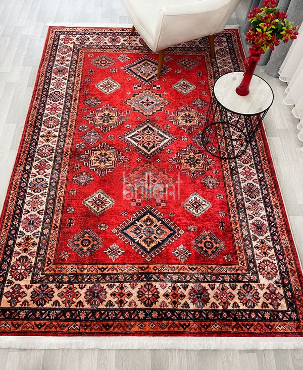 (kirmizi) Kilim Motifli SAÇAKLI Klasik Kaymaz Taban Halı - 6