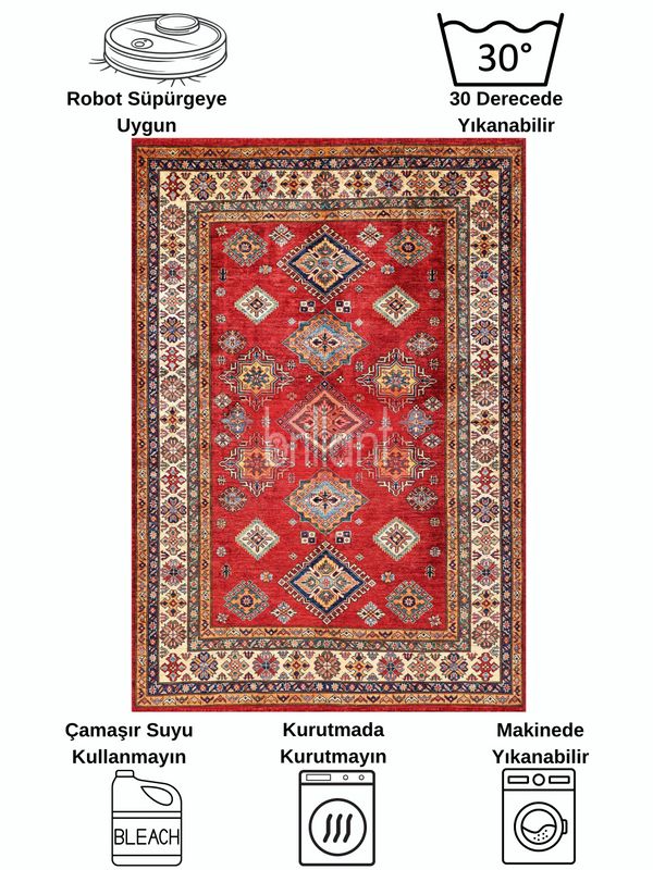 (kirmizi) Kilim Motifli SAÇAKLI Klasik Kaymaz Taban Halı - 8