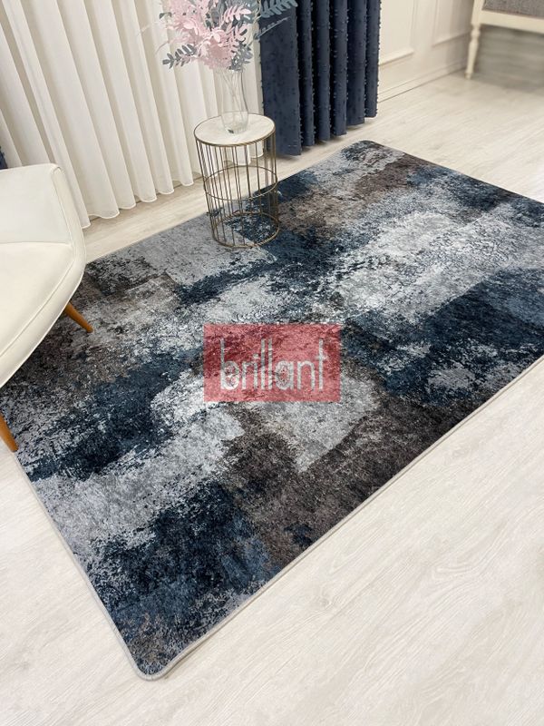 (lacivert) GRİ-LACİVERT Abstract Desenli Kaymaz Taban Yolluk Halı - 1