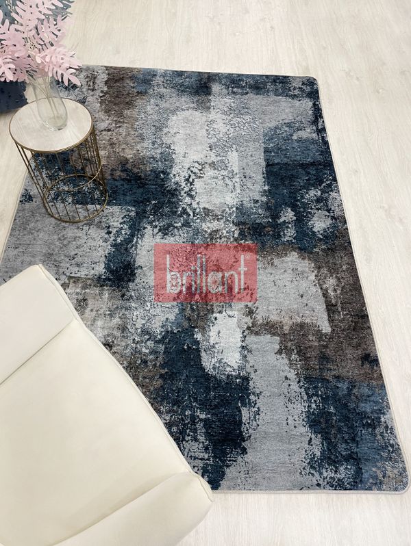 (lacivert) GRİ-LACİVERT Abstract Desenli Kaymaz Taban Yolluk Halı - 4