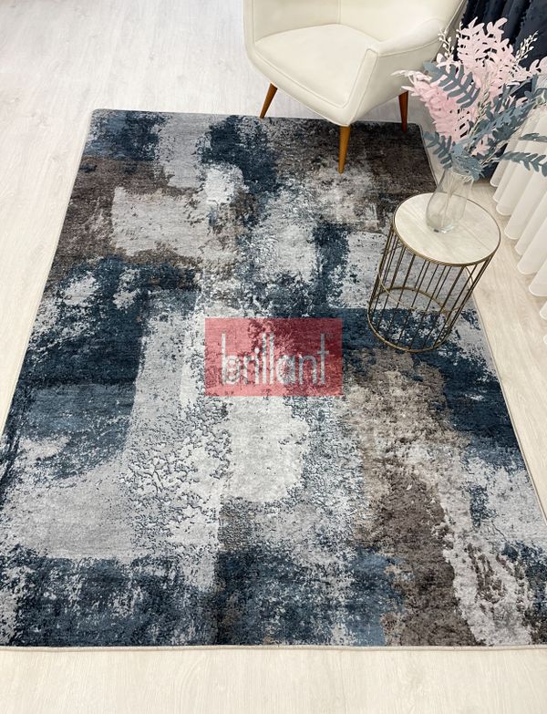 (lacivert) GRİ-LACİVERT Abstract Desenli Kaymaz Taban Yolluk Halı - 6