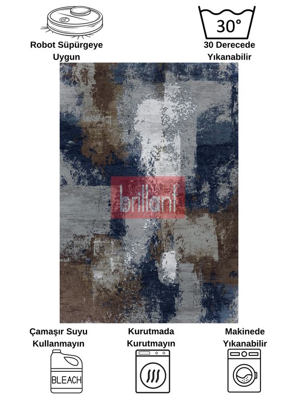 (lacivert) GRİ-LACİVERT Abstract Desenli Kaymaz Taban Yolluk Halı - 8
