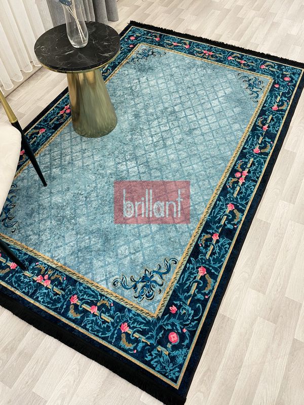 (lacivert) Çiçekli Bordürlü Lacivert Lateks Deri Taban Halı - 1